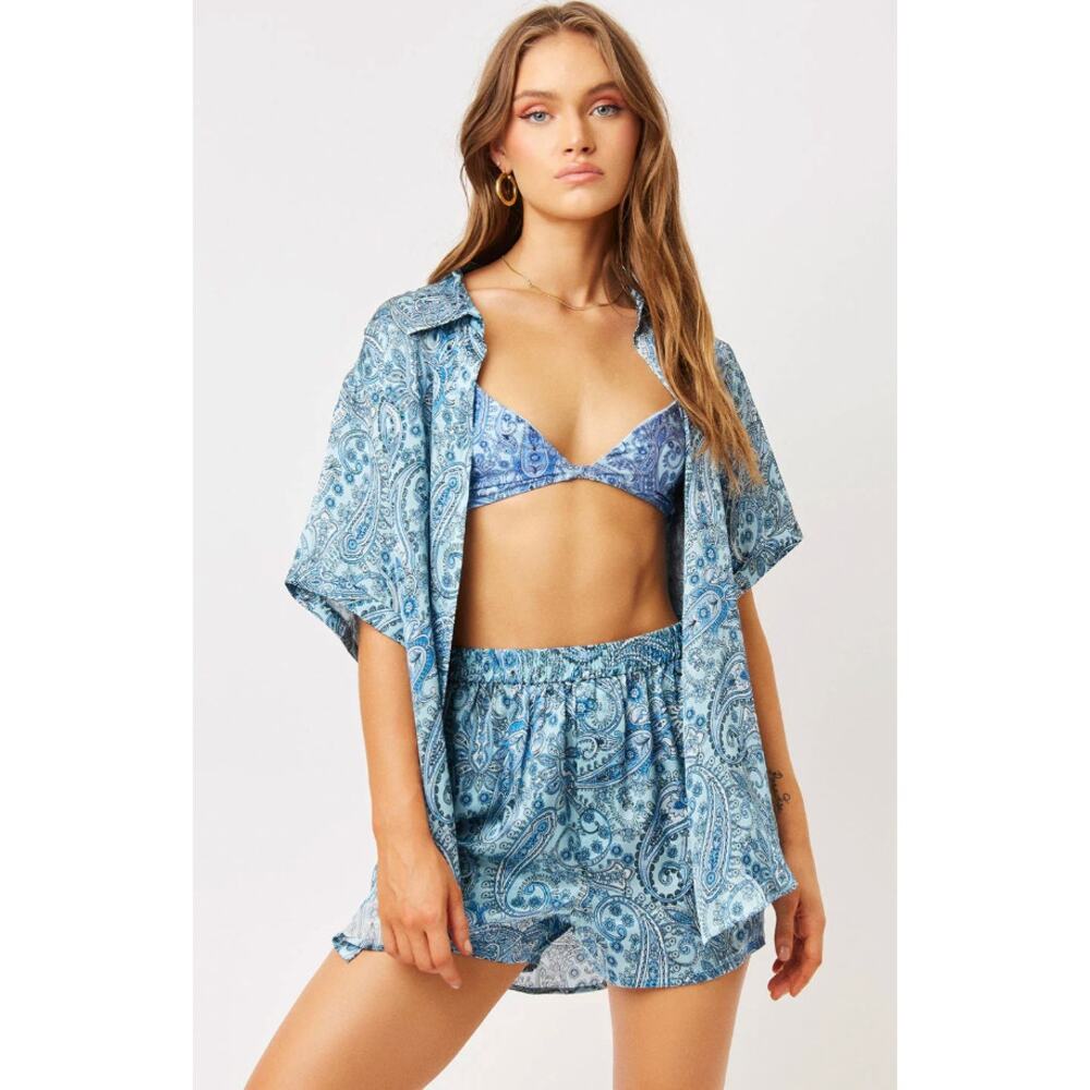 Frankies Bikinis SET Fifi Silk Button Up Shirt & High Waist Boxer size XS/S